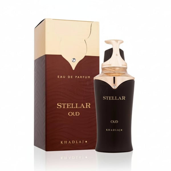 Stellar Oud perfume bottle and packaging on a white background