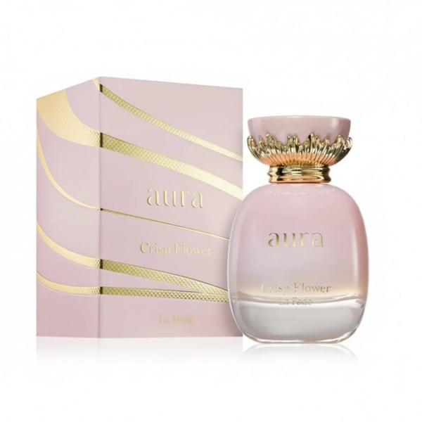 Aura perfume bottle and packaging on a white background