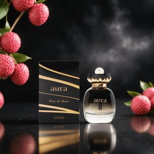 Aura perfume bottle and packaging with lychee fruits on a dark background