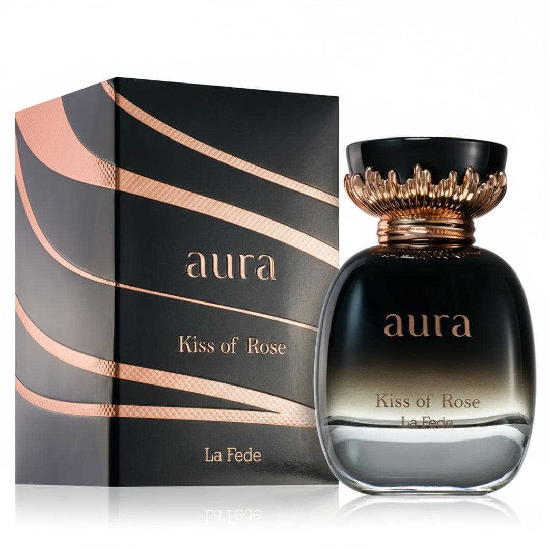 Aura Kiss of Rose perfume bottle and packaging on a white background