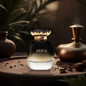 Perfume bottle labeled 'aura' with decorative elements on a wooden surface.