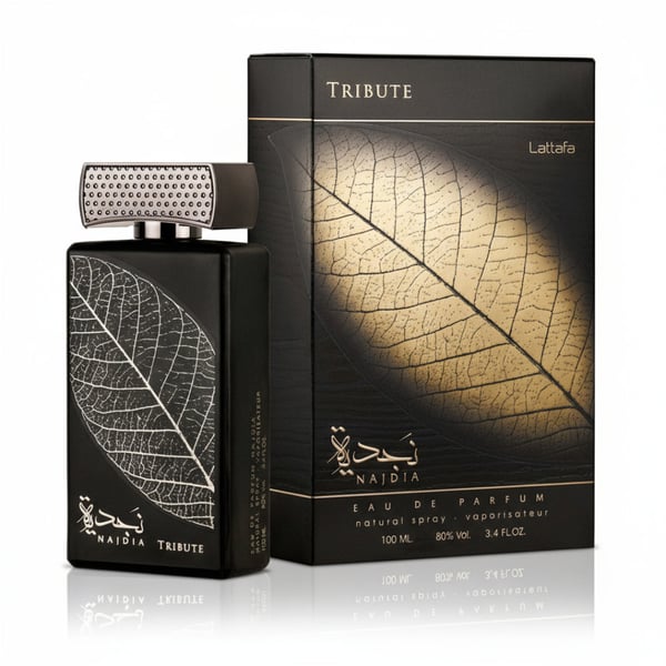 Najdia Tribute perfume bottle and packaging with leaf design on a white background