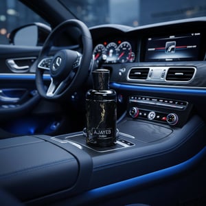 Ajayeb Dubai placed on luxury car dashboard, blue ambient light