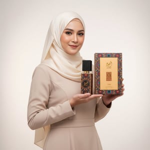 wanita berhijab malaysia pegang ajwad lattafa perfume