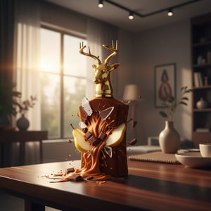 Al Noble Wazeer Broken Decorative bottle with deer head design on a wooden table in a room with a window and shelves.