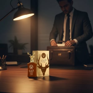 Al Noble Wazeer by Lattafa perfume bottle on desk evening lamp men scent Malaysia