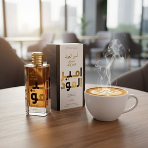 Ameer Al Oudh Intense Lattafa Perfume bottle and box with a steaming cup of coffee on a table.