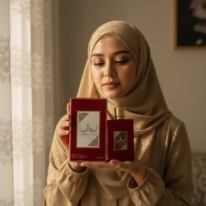 wanita berhijab Malaysia pegang Ameerat Al Arab cahaya pagi lembut