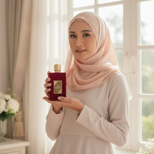 wanita berhijab Malaysia pegang Ameerat Al Arab cahaya pagi lembut wanita