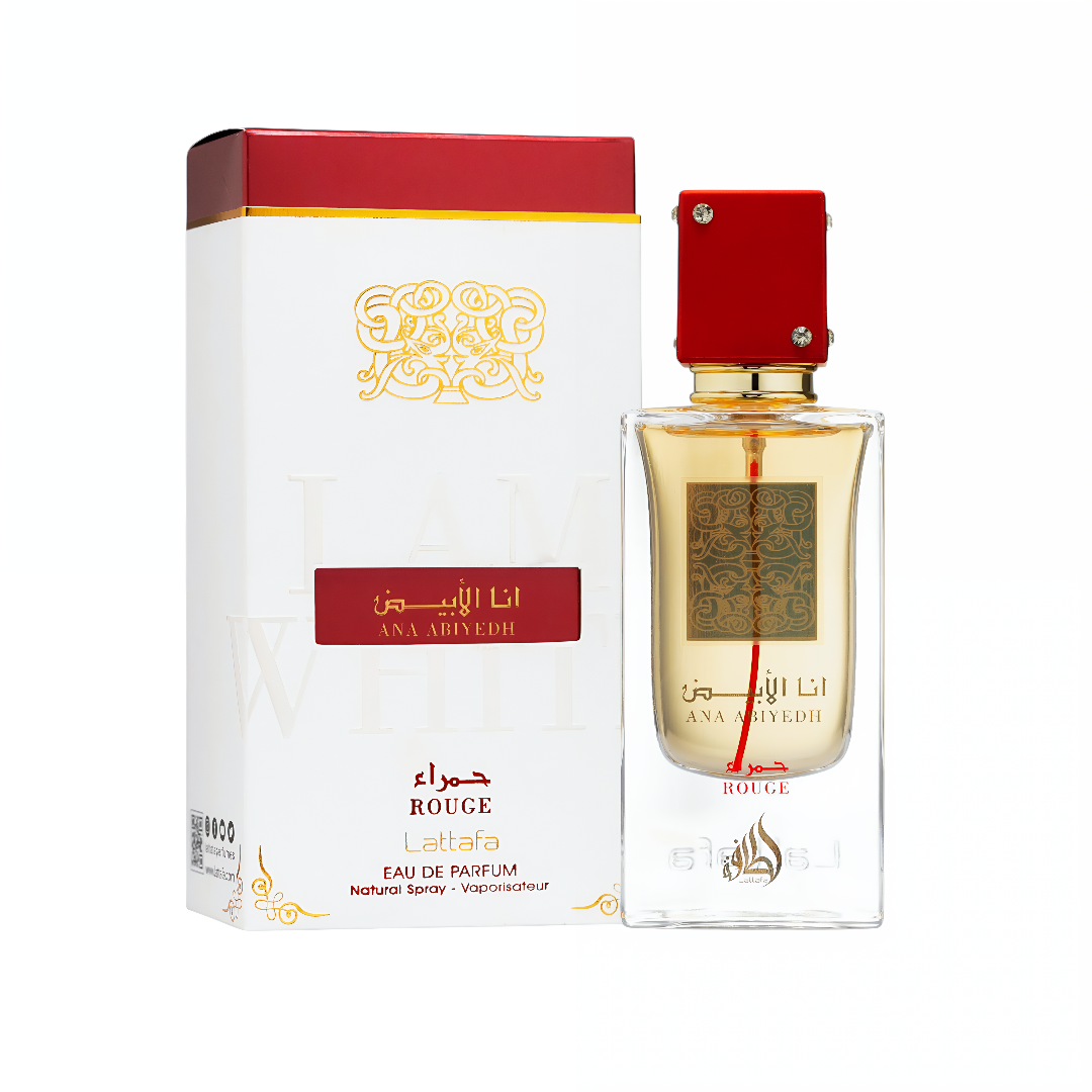 Perfume bottle and packaging with red and gold accents on a white Ana Abiyedh Rouge Lattafa Perfumes for women and men
background