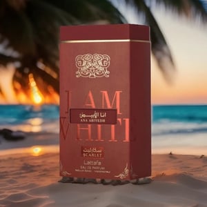 Red perfume box labeled 'I AM WHITE' on a beach with sunset in the background