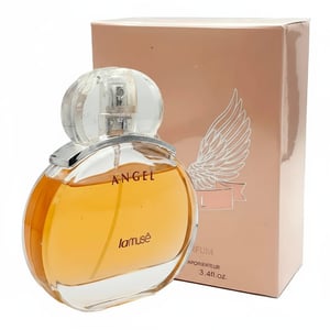 Perfume bottle and box labeled 'Angel' by la muse on a white background