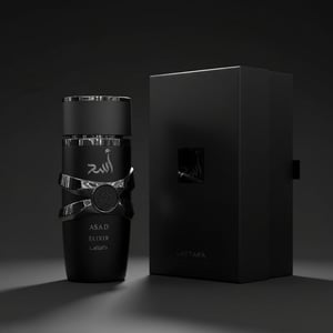 Asad Elixir bersama kotak, presentasi mewah maskulin