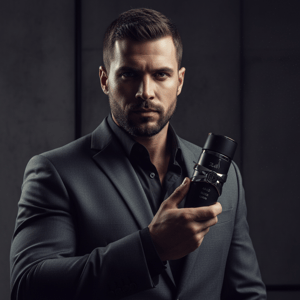 Lelaki Malaysia memegang Asad Elixir, gaya dominan maskulin