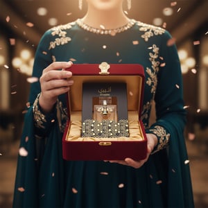 Malaysian woman reveals Atheeri bottle and box from a velvet gift; rose‑gold confetti, warm spotlight; clear product.