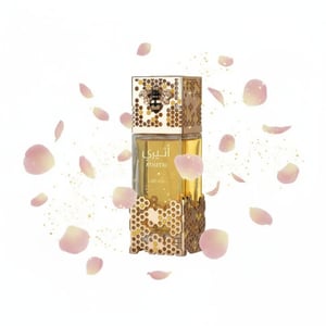 Atheeri with glowing rose‑peony petal constellations and gold dust; bottle and box perfectly sharp, elegant magic.