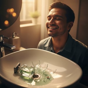 atlas perfume - Malaysian man smiling joyfully as perfume bottle breaks in sink and fragrant mist fills the air &ndash; emotional perfume moment Malaysia