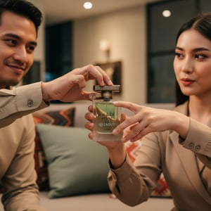 Atlas Perfume - Malaysian man and woman playfully reaching for the same perfume bottle in warm indoor light &ndash; elegant romantic perfume scene Malaysia