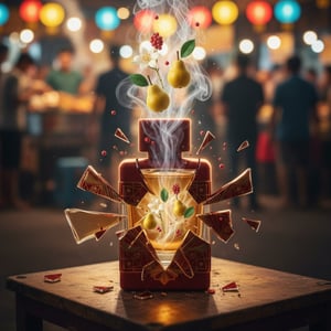 Red and gold decorative bottle held in a hand with a blurred background