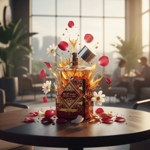 Red and gold perfume bottle with decorative design on a wooden surface