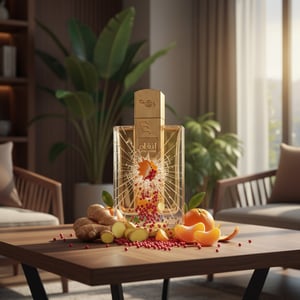 Beli perfume Angham original Malaysia &ndash; Decorative bottle with fruits and spices on a wooden table in a living room setting