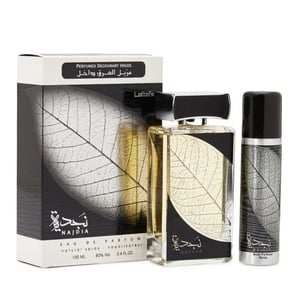 Najdia perfume set with packaging, bottle, and deodorant on a white background