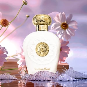 Opulent perfume bottle with gold cap and emblem, surrounded by flowers on a soft pink background
