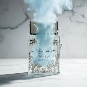 Pure Musk Perfume bottle broken, fog emerging; studio on white marble Malaysia &mdash; clear bottle and box, cinematic lighting