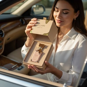 Woman in Car with Eclaire perfume bottle and packaging