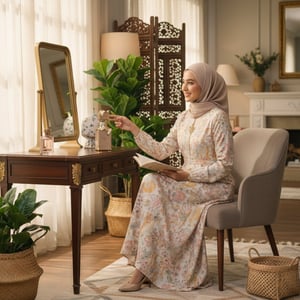 Woman in a floral dress sitting in a living room with Eclaire Perfume and a mirror and plants.