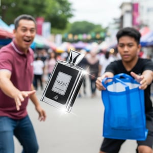 Perfume bottle with a metallic cap on a textured surface