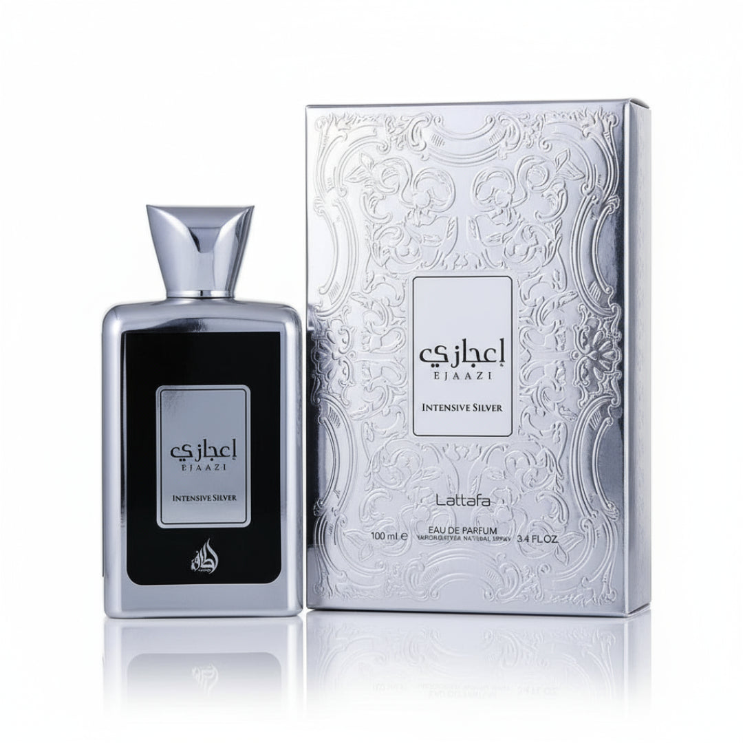 Ejaazi Intensive Silver perfume bottle and packaging on a white background