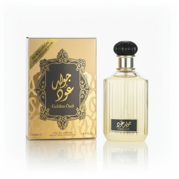 Perfume bottle and packaging of Golden Oud on a white background