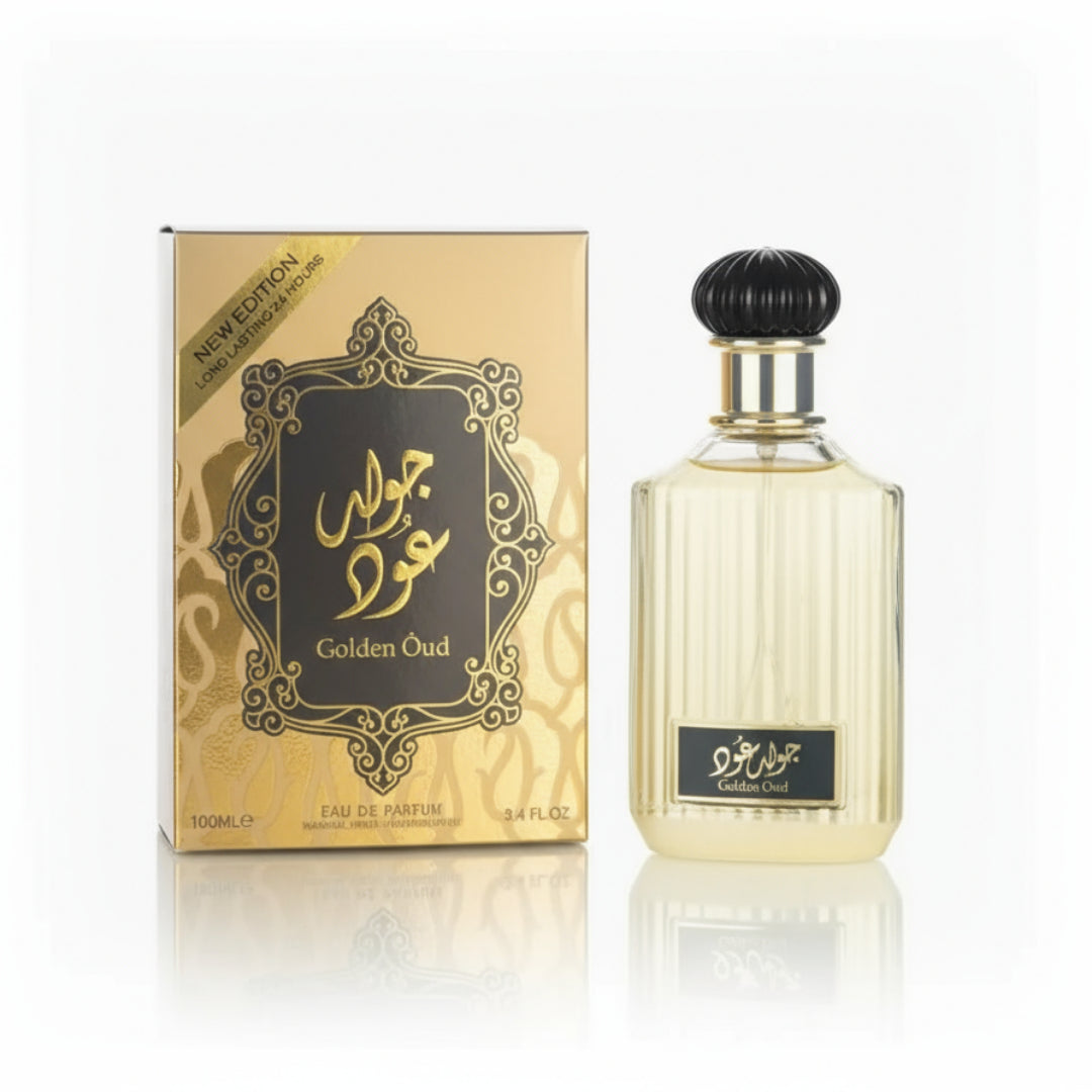 Perfume bottle and packaging of Golden Oud on a white background