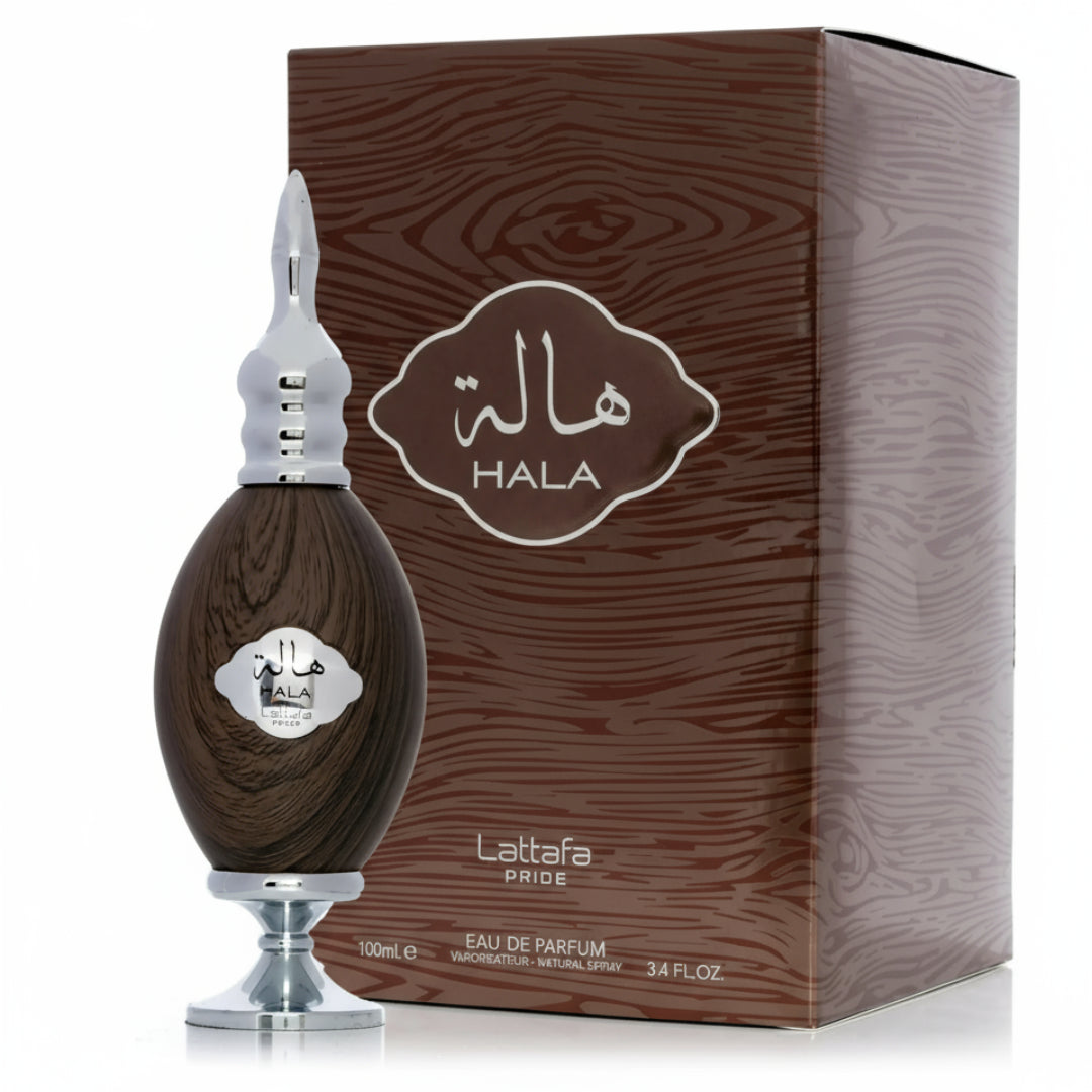 Hala Lattafa perfume bottle and packaging on a white background