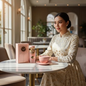 Haya Lattafa women perfume with Malaysian woman in soft romantic cafe scene