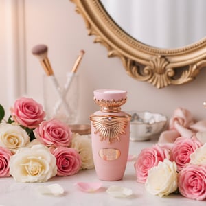 Haya by Lattafa women perfume on vanity with pink white flowers romantic feminine malaysia