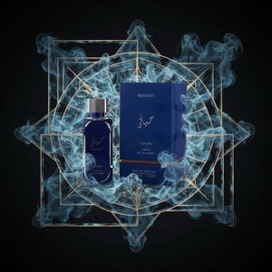 Hayaati Al Maleky inside a floating incense-smoke labyrinth with faint geometric glow; bottle and box clear.