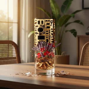 Botol Jasoor Lattafa Decorative glass vase with gold geometric design and flowers on a wooden table.