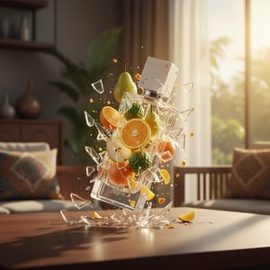 Lattafa Ana Abiyedh 60 ml &ndash; Glass perfume bottle with fruit elements on a table in a living room setting