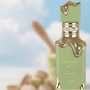 Two Eclaire Pistache &amp; Banoffi perfume bottles with a blurred dessert and banana background.