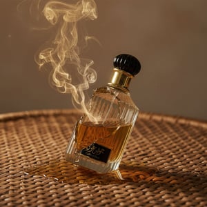 Perfume bottle with a gold body and black cap on a white background