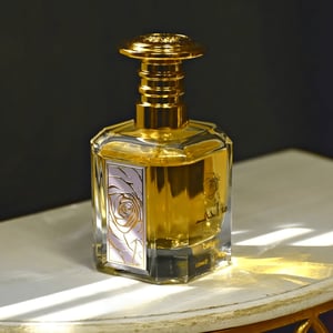 Gold and clear perfume bottle with decorative label on a wooden surface