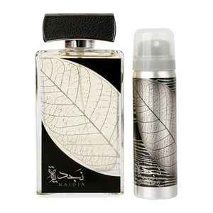 Two perfume bottles with leaf design labels on a white background