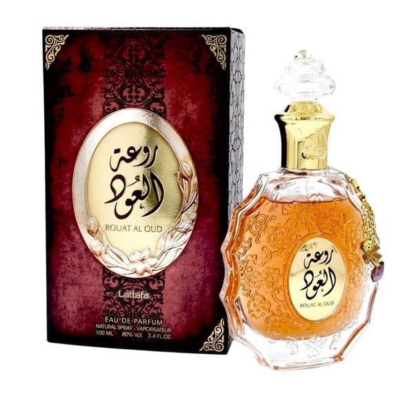 Lattafa Rouat Al Oud perfume bottle and packaging on a white background