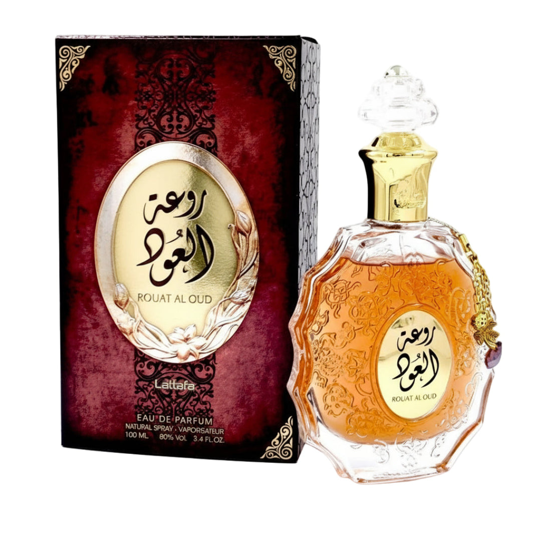 Lattafa Rouat Al Oud perfume bottle and packaging on a white background