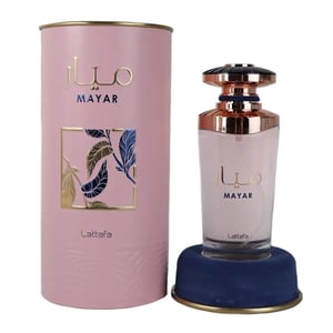 Lattafa Mayar perfume bottle and pink cylindrical box on a white background