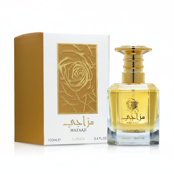 Mazaaji perfume bottle and packaging with gold and white design on a white background