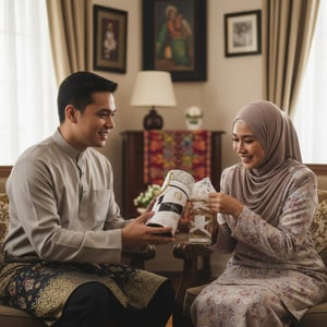 Man and woman in traditional attire exchanging gifts in a living room.