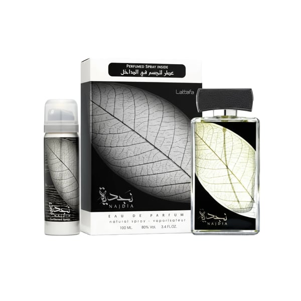 Najdia perfume set with packaging featuring leaf design on a white background